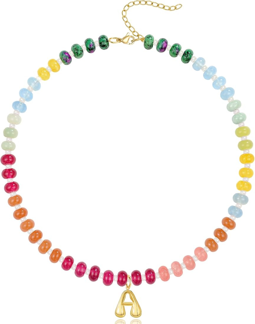 Initial Necklaces for Women, Gold Bubble Letter Pendant Necklace, Beaded Gemstone Choker Necklace... | Amazon (US)