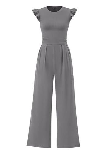 PRETTYGARDEN Summer Jumpsuits for Women Dressy 2026 Fashion Ruffle Cap Sleeve Romper Crew Neck Rib Knit One Piece Outfits (Grey,X-Large) | Amazon (US)