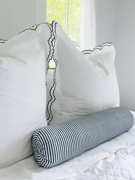 Sharing my pillows again because I love them!! Linked some similar vibe options and would be great for a post grad room or if you (like me) are trying to fit your style in with a boy 🤗😅 

// coastal style, coastal decor, classic home decor, post grad room decor, navy and white bedding, striped pillows, scalloped bedding 

#LTKFindsUnder50 #LTKFindsUnder100 #LTKHome