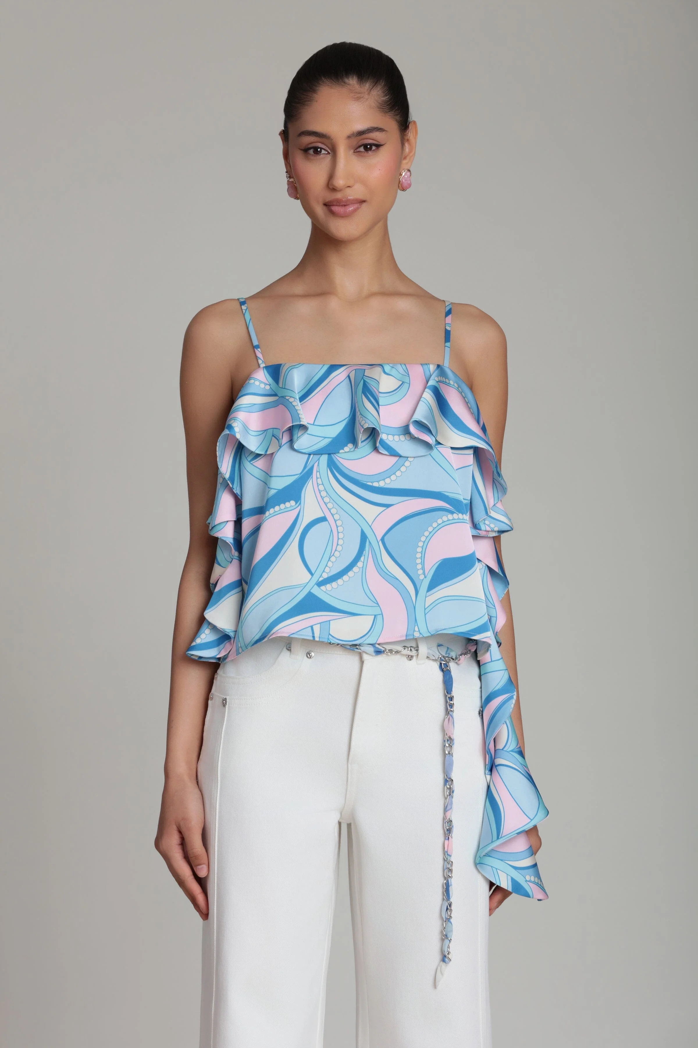 Paisley Satin Asymmetric Ruffle Cami Top | Avec Les Filles
