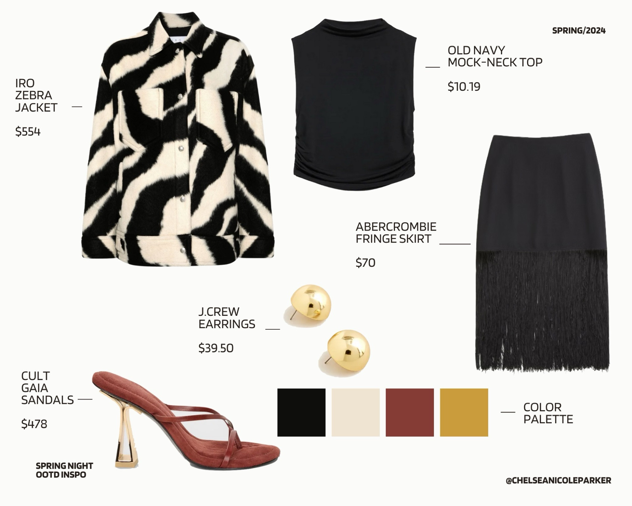 Iro Zebra Jacket + Old Navy Mock Neck Ruched Black Top ON SALE + Abercrombie Black Fringe Mini Skirt Midi Skirt + Cult Gaia Brown Gold Thong Sandals Heels + J. Crew Gold Oversized Earrings - Date Night / Spring Trends

#LTKfindsunder100 #LTKsalealert #LTKfindsunder50