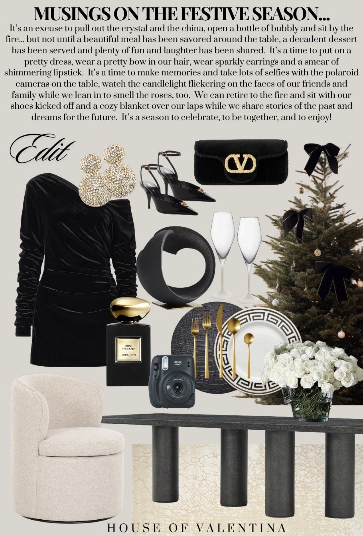 Cheers to a new year! ✨It’s an excuse to pull out the crystal and the china, open a bottle of bubbly and sit by the fire... but not until a beautiful meal has been savored around the table, a decadent dessert has been served and plenty of fun and laughter has been shared.  It’s a time to put on a pretty dress, wear a pretty bow in our hair, wear sparkly earrings and a smear of shimmering lipstick.  It’s a time to make memories and take lots of selfies with the polaroid cameras on the table, watch the candlelight flickering on the faces of our friends and family while we lean in to smell the roses, too.  We can retire to the fire and sit with our shoes kicked off and a cozy blanket over our laps while we share stories of the past and dreams for the future.  It’s a season to celebrate, to be together, and to enjoy!

#LTKHoliday #LTKSeasonal #LTKHome