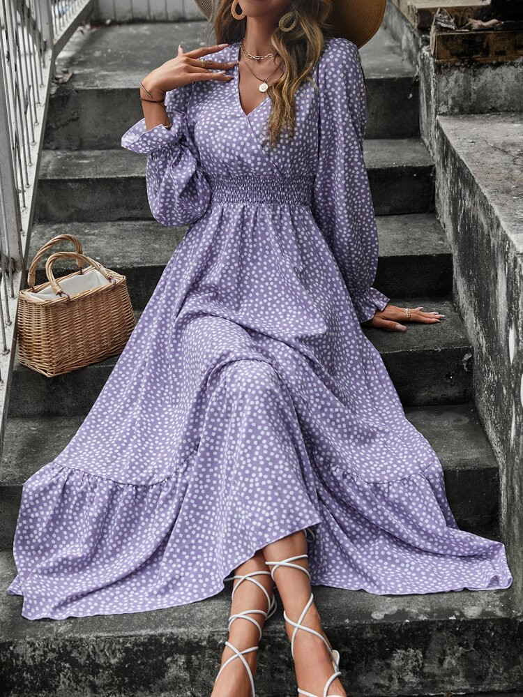Ditsy Floral Print Flounce Sleeve Shirred Dress | SHEIN