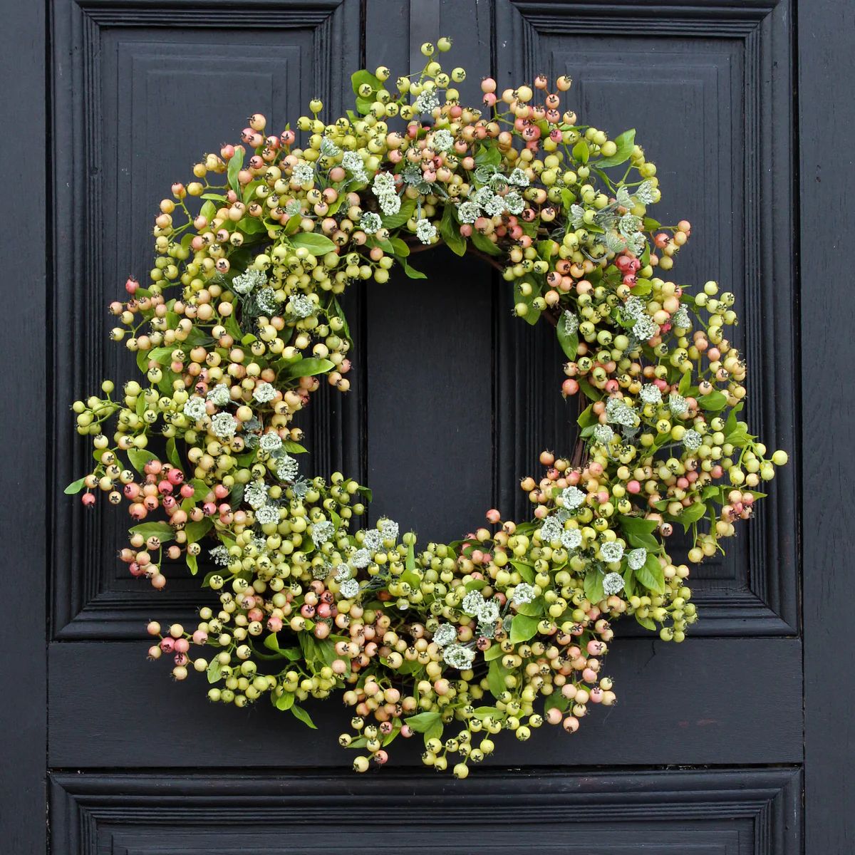 Pink & Green Pepperberry and Queen Anne’s Lace Front Door Spring Wreath | Darby Creek Trading