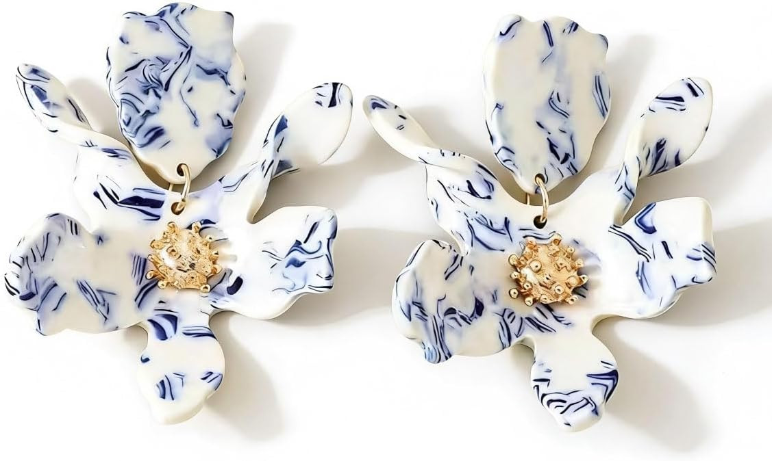 Modern Chinese Style Blue and White Porcelain Lily Flower Drop Earrings, Large Statement Acrylic ... | Amazon (US)