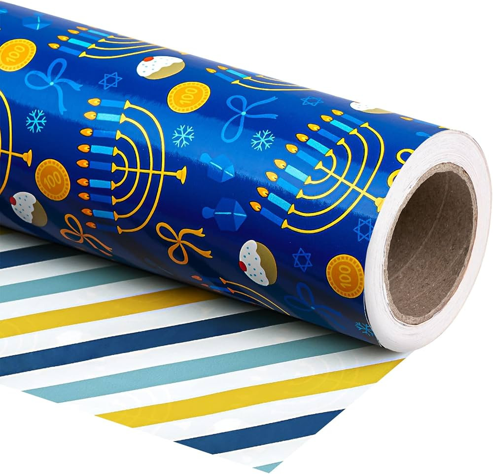 WRAPAHOLIC Reversible Hanukkah Wrapping Paper - Mini Roll - 17 Inch X 33 Feet - Blue Gold White M... | Amazon (US)