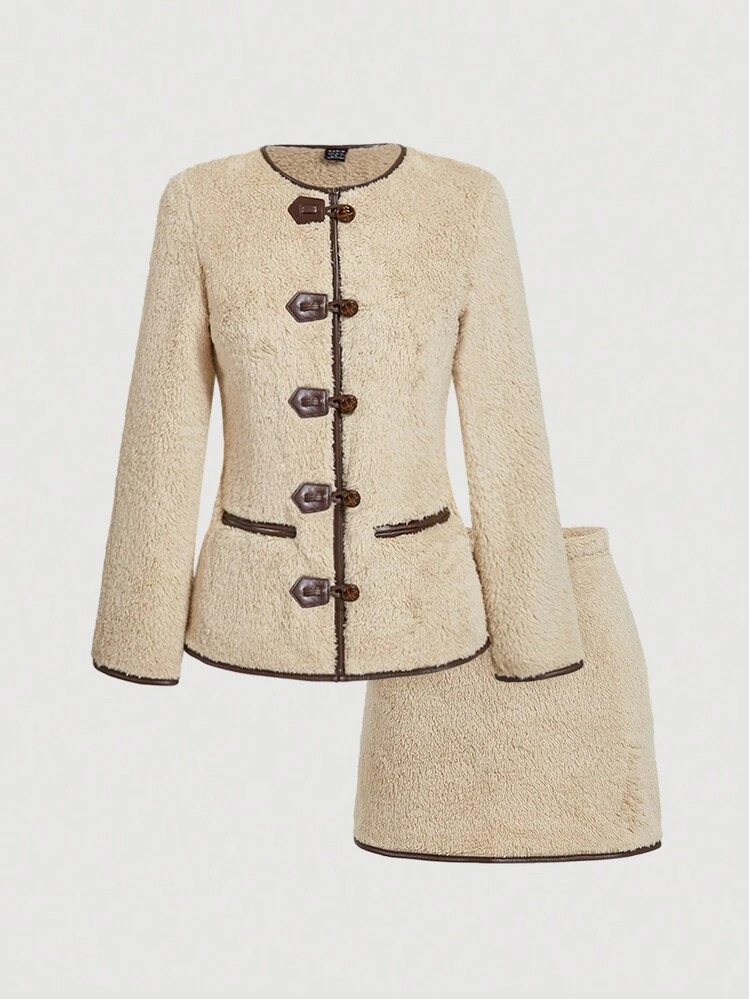 SHEIN MOD Plush Fitted Women Flannels Suit Set: Tailored Vintage Blazer And A-Line Midi Skirt,Fal... | SHEIN