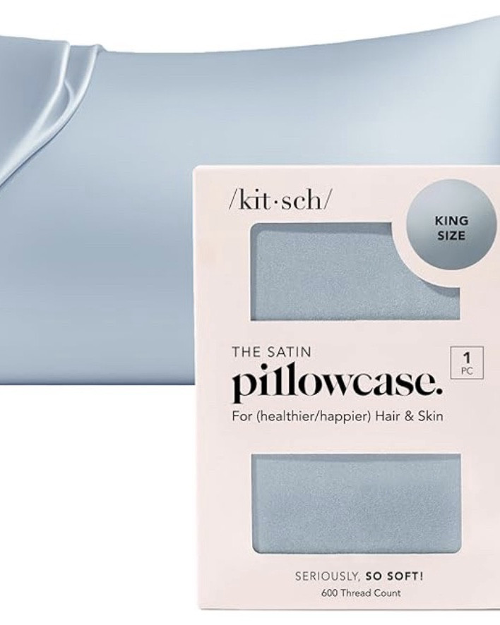 Brand Kitsch
Pillow Type Bed Pillow
Material Satin
Size King (1 Pack)
Product Dimensions 36"L x 19"W
Color Haze Blue
Polyester Satin
LUXURY SATIN PILLOWCASE FOR HAIR & SKIN: Wake up to smoother hair and glowing skin with our silky satin pillowcase, a luxe alternative to silk pillowcases. Designed to reduce frizz, tangles, and breakage by creating less friction than cotton pillow cases, this silk pillow case–inspired fabric also helps prevent sleep lines and facial creases.
SATIN PILLOWCASE WITH ZIPPER FOR SECURE FIT: No more slipping or bunching—each satin pillow case with zipper stays perfectly in place all night. These king size satin pillow case fit most pillows with a smooth, tailored look that feels as good as it looks.
COOL, BREATHABLE & ULTRA-SOFT: Our satin pillow case stays cool and breathable for year-round comfort. Gentle on skin, hair, lashes, and brows, this silky pillow case is ideal for beauty sleep, whether you prefer standard pillows or a satin body pillow case.
SAFE, SUSTAINABLE & HIGH-QUALITY MATERIAL: Crafted from premium eco-friendly satin comparable to a 600 thread-count silk pillowcase, this durable fabric absorbs less moisture and buildup than traditional pillow cases, helping minimize irritation and breakouts.
TRUSTED BY MILLIONS WORLDWIDE: With over 3.6 million satin pillowcases sold, including customer-favorite satin pillow cases 2 pack options, these pillow cases are loved for their smooth feel, frizz-reducing benefits, and gift-worthy luxury.

#LTKselfcare #LTKHome #LTKSaleAlert