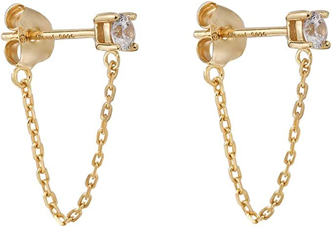 S.Leaf Cubic Zirconia Stud Earrings with Chain Sterling Silver Dangle Earrings for Women | Amazon (US)