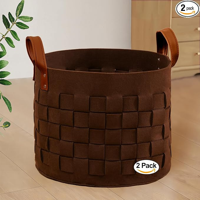 Blanket Basket 15 " x15 x13 2 Pack, Fabric Large Basket with Leather Handle, Dirt Clothes Laundry... | Amazon (US)