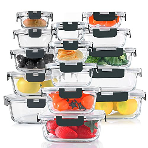 KOMUEE 30 Pieces Glass Food Storage Containers Set, Glass Meal Prep Containers Set with Snap Locking Lids, Airtight lunch Containers for Microwave, Oven, Freezer & Dishwasher,Gray | Amazon (US)