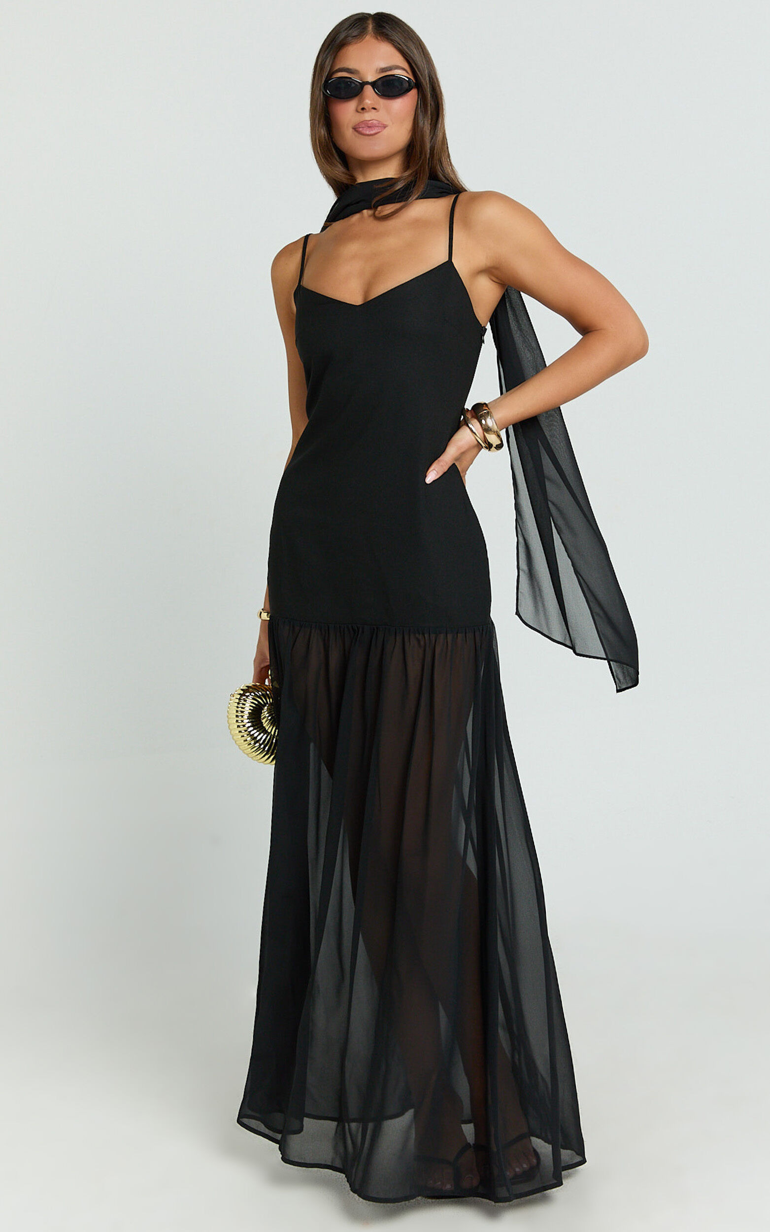 Calvin Maxi Dress - Linen Look Contrast Georgette Skirt with Neck Scarf in Black | Showpo (US, UK & Europe)
