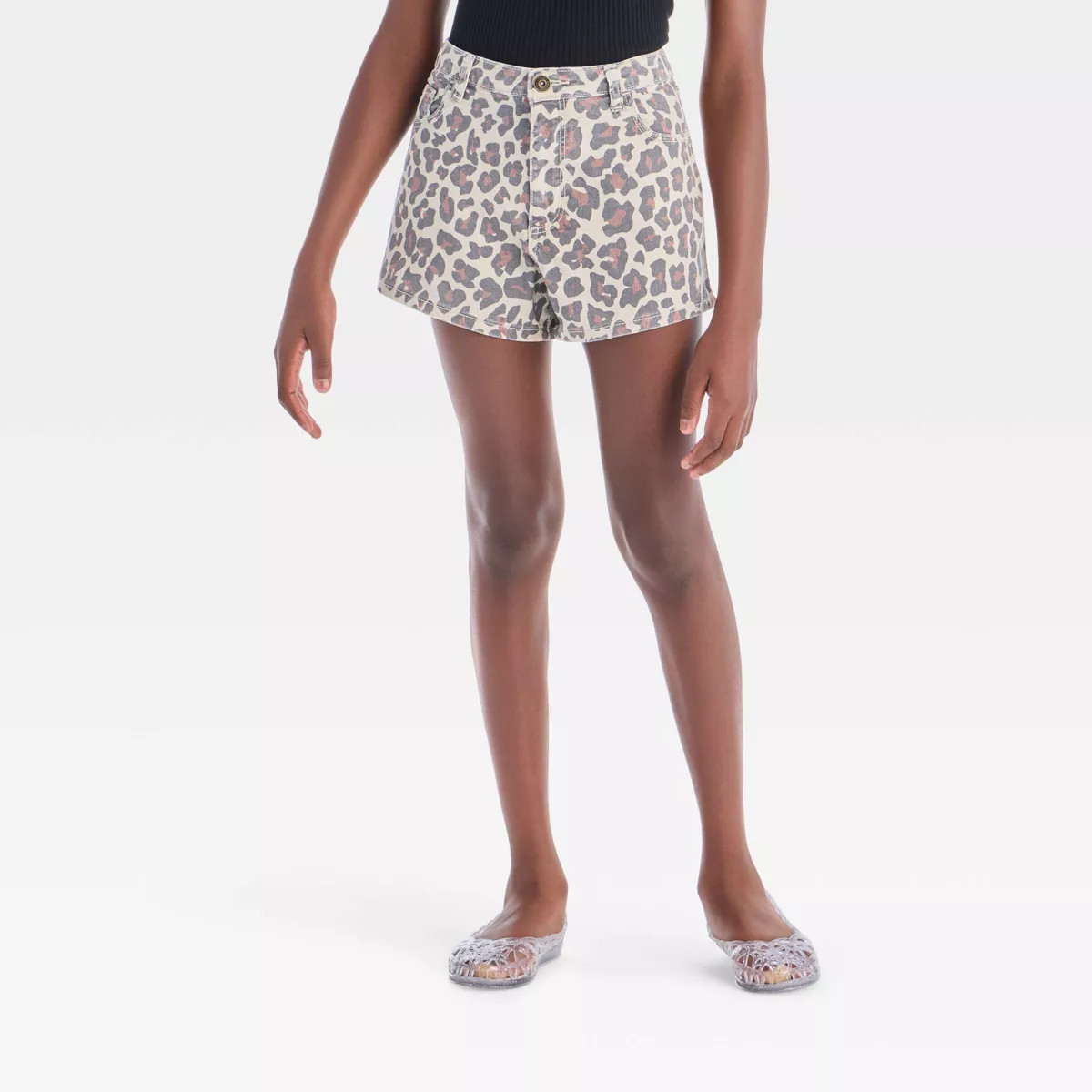 Girls' High-Rise A-Line Leopard Printed Washed Denim Shorts - art class™ Beige L: Cotton Denim... | Target