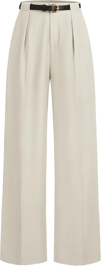 CIDER Mid Waist Solid Pocket Straight Leg Trousers with Belt | Amazon (US)
