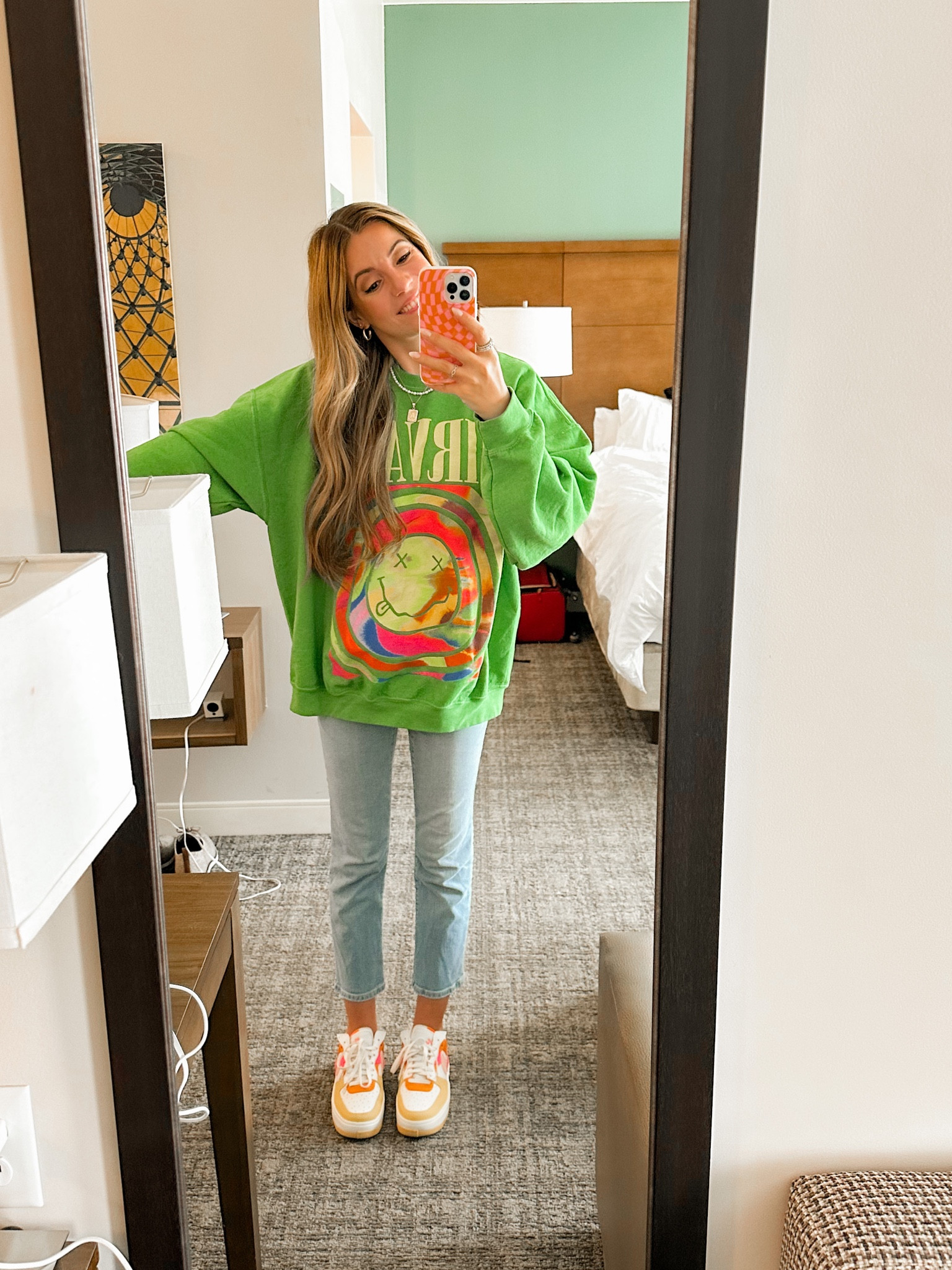 Urban Outfitters Top, Oversized Sweatshirt, Good American Jeans, Nike Air Force One Shoes, Nirvana Top, Graphic Top

#LTKU #LTKstyletip #LTKFind