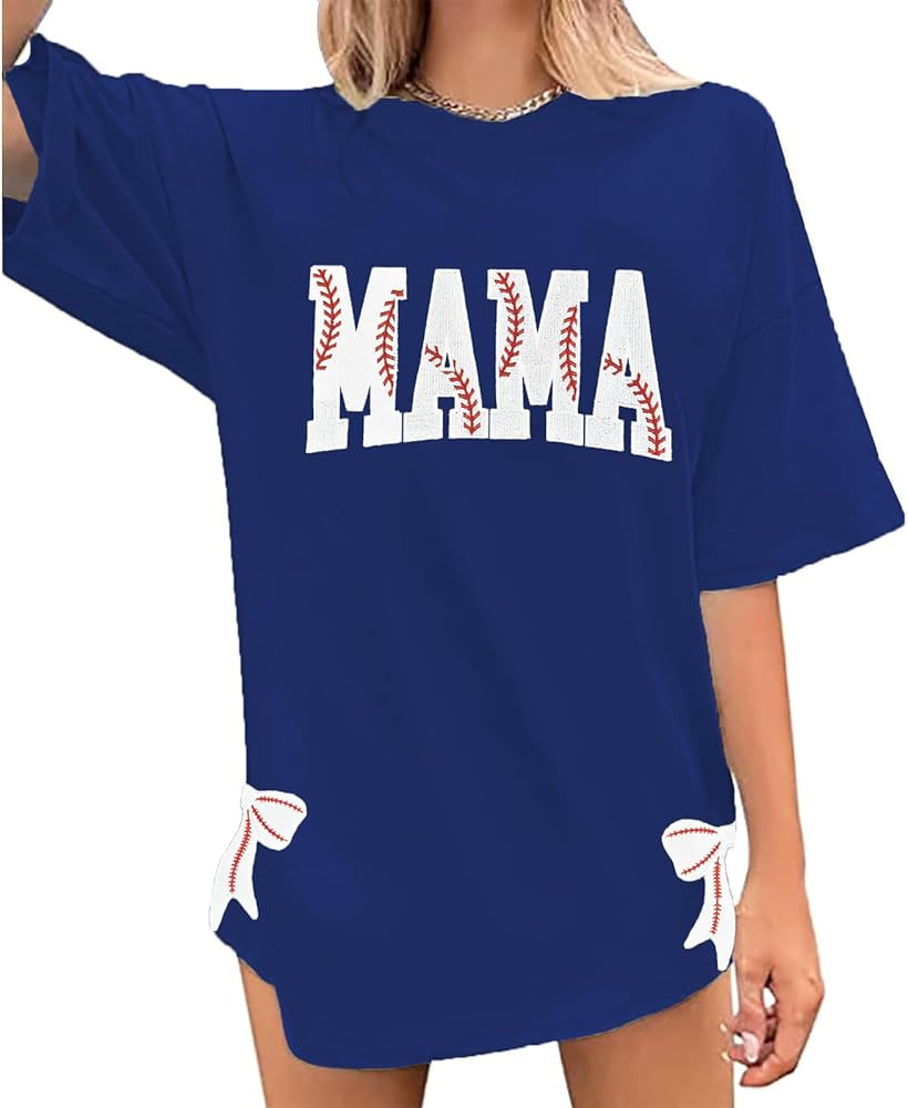 Baseball Mama Shirt for Women Baseball Bow Side Split T-Shirt Oversized Embroidered Sports Mom Te... | Amazon (US)