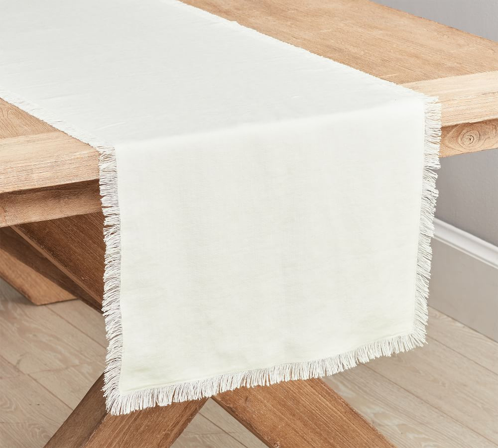 Frayed Linen Table Runner - Ivory | Pottery Barn (US)