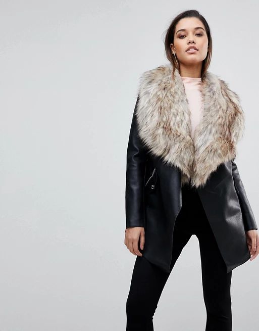 Lipsy Faux Leather Waterfall Coat With Faux Fur Trim | ASOS US