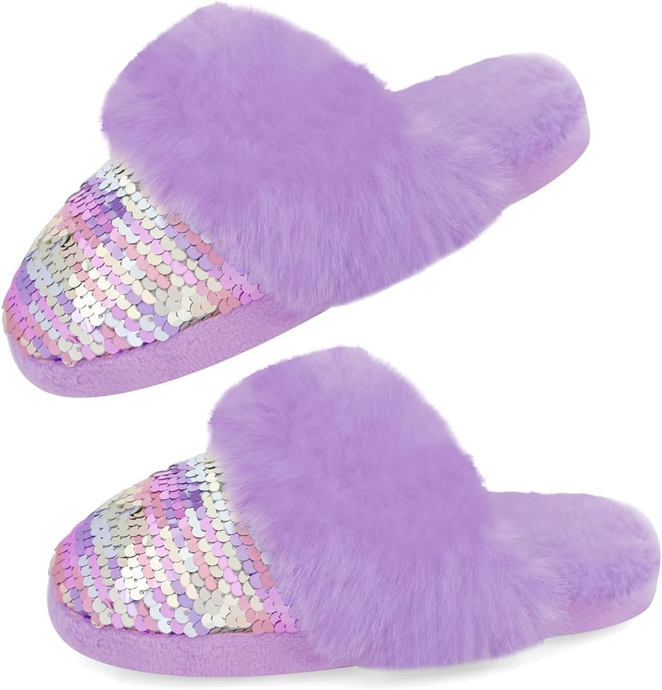 Girls Fluffy Slippers,Sequin Faux Fur Fuzzy Slip-on House Slippers with Memory Foam House Shoes f... | Amazon (US)
