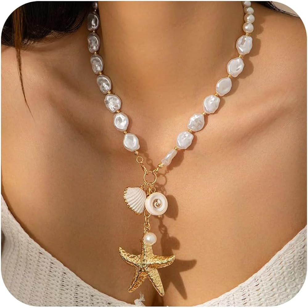 Starfish Necklace for Women Gold Seashell Starfish Necklace Chunky Shell Seastar Pendant Necklace... | Amazon (US)