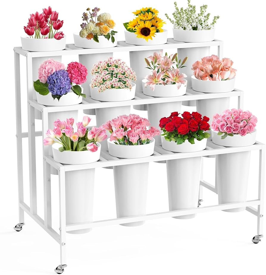 Flower Display Stand with 12 Buckets, Flower Cart White 3 Layers Metal Flowers Bar Stand with Whe... | Amazon (US)