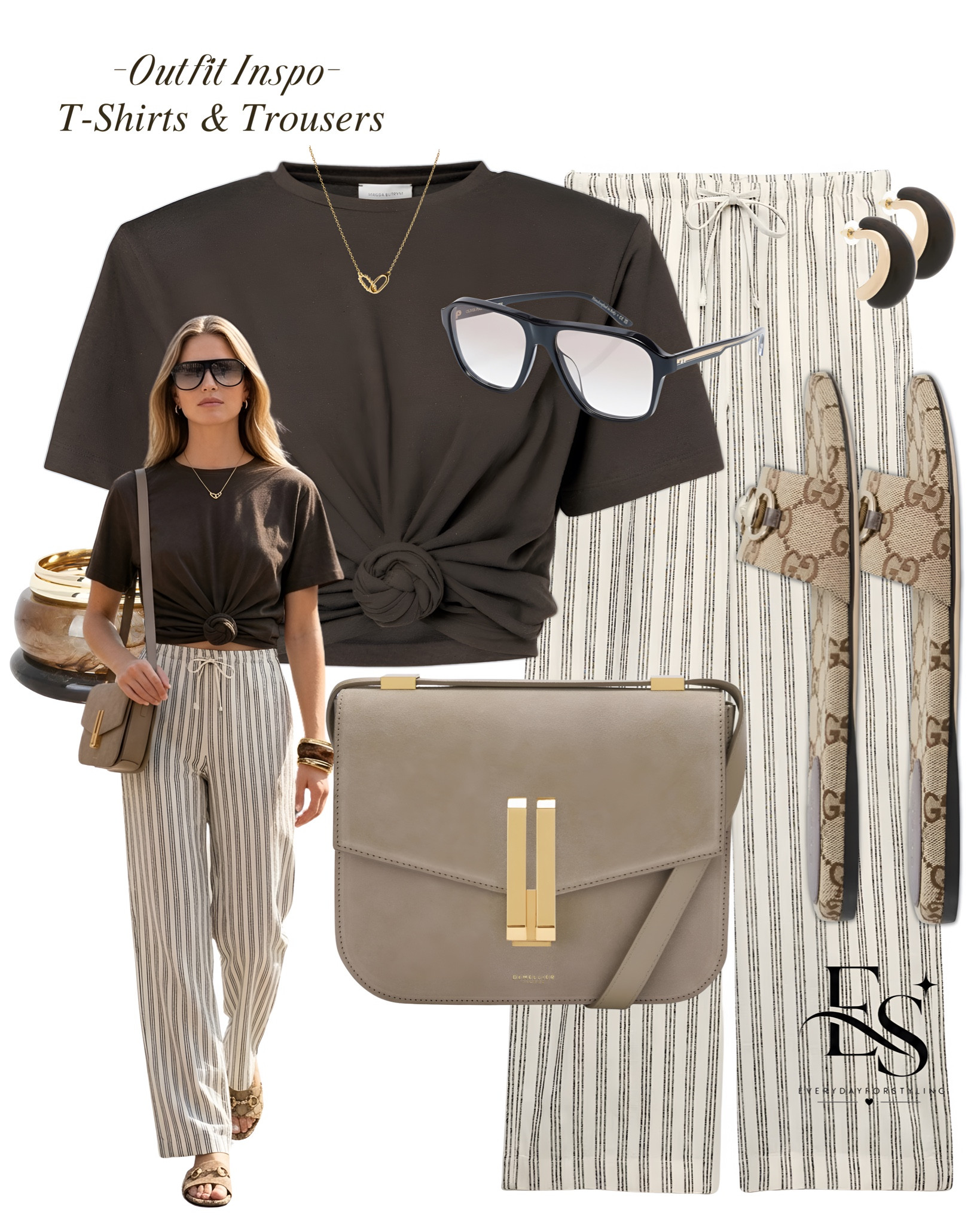 Dark brown knotted tee, stripe linen trousers and a Demellier bag — relaxed, refined and completely chic 🥥 

tshirt and trousers outfit 2026, how to style t-shirt with trousers, Balenciaga tshirt outfit, linen trousers tshirt look, knotted tshirt summer outfit, chocolate linen trousers, stripe linen trousers outfit, Miu Miu tote outfit, Demellier bag look, casual chic summer outfits, quiet luxury casual style, elevated basics summer, designer tshirt outfit women, effortless summer dressing, summer outfit inspo 2026, smart casual women summer, neutral summer outfits women, linen trousers casual look, chic everyday outfits 2026, everydayforstyling

#TshirtAndTrousersOutfit, #CasualChicSummer2026, #ElevatedBasicsStyle, #LinenTrousersLook, #DesignerCasualOutfits​​​​​​​​​​​​​​​​

#LTKSeasonal #LTKTravel #LTKootd