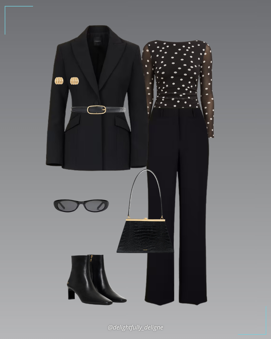 Dynamite Tailored Edge 🤍🖤Anna cinched blazer, Stella long-sleeve mesh top, Camelia airflow clean straight-leg pants, oval super-slim faux leather belt, super-slim oval sunglasses,  finished with black embossed bag, leather ankle boots & embossed hoop earring 

 #LTKgrwm #LTKootd #LTKOver40