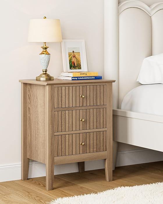 Fluted Nightstand, Farmhouse Night Stand with 3 Drawers, Mid Century Modern Side Accent Table,Bed... | Amazon (US)