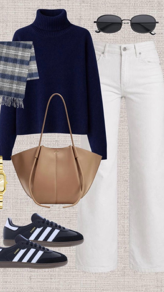 The Navy & White Formula That Never Fails 💙🤍

Can we talk about how this color combo is absolutely timeless? Navy and white will forever be that pairing that just works, no matter the season or occasion.

This outfit is proof that you don’t need to overthink it - just stick to classic pieces in a cohesive color palette and you’re golden. The chunky navy turtleneck, white jeans, and Adidas Sambas? Pure perfection.

Why this look works:
💙 Classic color palette - Navy and white is sophisticated, clean, and always looks expensive
🤍 Texture play - The chunky knit sweater + plaid scarf adds dimension without being complicated
💙 High-low mix - Elevated pieces (turtleneck, structured bag) meet casual sneakers for that perfect balanced vibe
🤍 Comfort meets style - Everything here is actually comfortable but looks incredibly put-together

The real MVPs of this outfit:
✨ Adidas Sambas - The sneaker that goes with literally everything and never goes out of style
✨ Chunky turtleneck - Cozy, chic, and flatters everyone
✨ White jeans - A year-round staple that brightens any outfit
✨ Plaid scarf - Adds that preppy, polished touch

Styling tips:
✅ Keep accessories minimal when your outfit is already cohesive (gold watch, structured bag, sunglasses - done!)
✅ White jeans work year-round - don’t gate-keep them for summer only!
✅ A good plaid scarf is worth the investment - adds instant polish to any basic outfit
✅ Adidas Sambas are THE sneaker right now - comfortable, classic, and incredibly versatile

This is my go-to formula for running errands, coffee dates, casual Fridays, or literally any day when I want to look pulled together without trying too hard. It’s that perfect sweet spot between “I made an effort” and “I’m super comfortable.”

Shop this entire look through the link in my bio! 🔗

#LTK #LTKstyletip #LTKshoecrush #LTKfindsunder100 #NavyAndWhite #AdidasSambas #CasualChic #TimelessStyle #EverydayStyle #StreetStyle #OOTD #FashionInspo #ClassicStyle #WinterStyle #MinimalistFashion