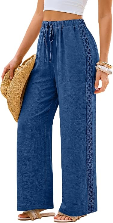 Sampeel Wide Leg Palazzo Pants for Women Flowy Lace Elastic Waist with Pockets Summer Vacation Ou... | Amazon (US)