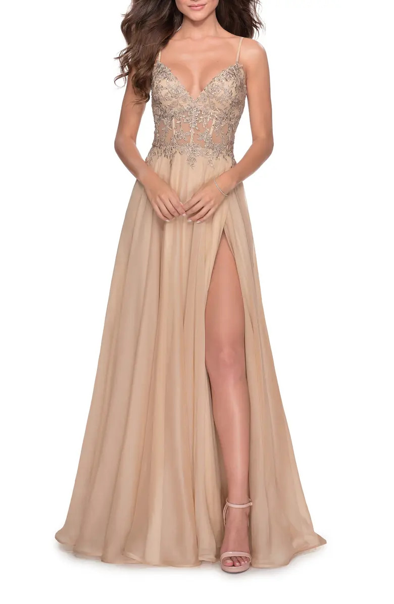 A-line Gown with Sheer Floral Embellished Bodice | Nordstrom