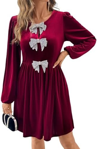 Happy Sailed Womens Velvet Dress Fall Winter Long Sleeve Front Bowknot High Waisted A Line Cockta... | Amazon (US)