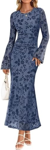 ZESICA Women's Long Sleeve Floral Bodycon Dress 2026 Spring Fall Ruched Mesh Wedding Guest Cockta... | Amazon (US)