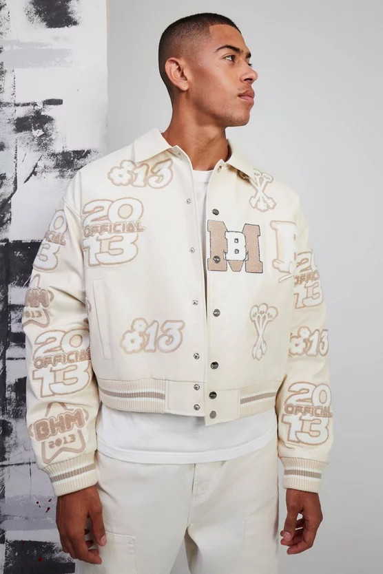 Boxy Pu Tonal Badge Varsity Jacket | boohooMAN (US & Canada)