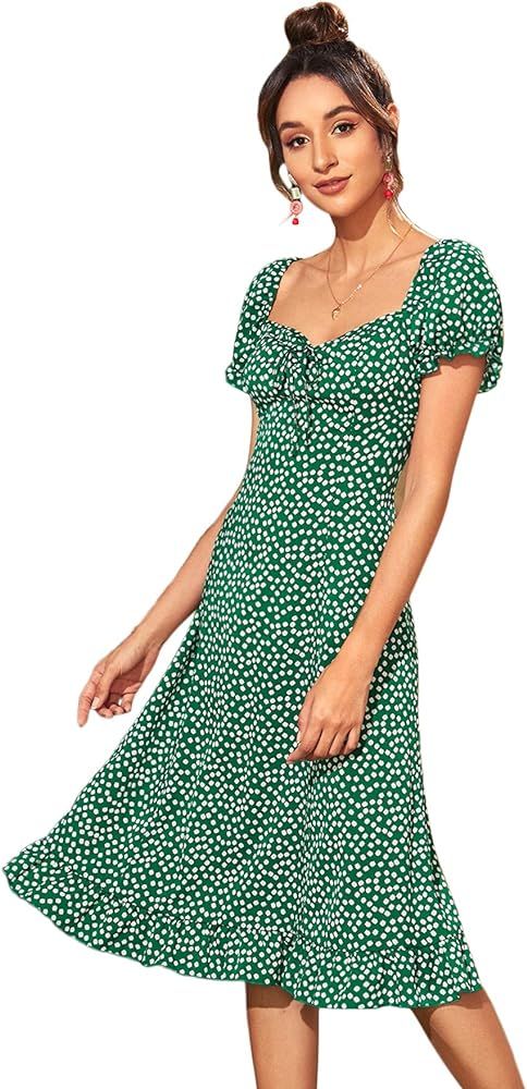 Floerns Women's Ditsy Floral Sweetheart Puff Sleeve A Line Midi Dress | Amazon (US)