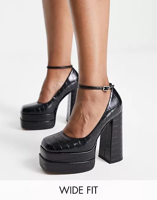 ASOS DESIGN Wide Fit Pistol double platform heeled shoes in black croc  | ASOS | ASOS (Global)