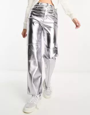 Pull&Bear straight leg trouser in metallic silver | ASOS (Global)
