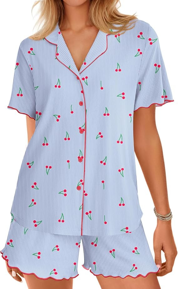 Ekouaer Button Up Pajamas Set for Women Short Sleeve Ribbed Knit Sleepwear 2 Piece Pjs Shorts Set | Amazon (US)