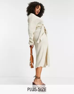 In The Style Plus x Carys Whittaker ribbed knitted wrap midi dress in stone | ASOS (Global)