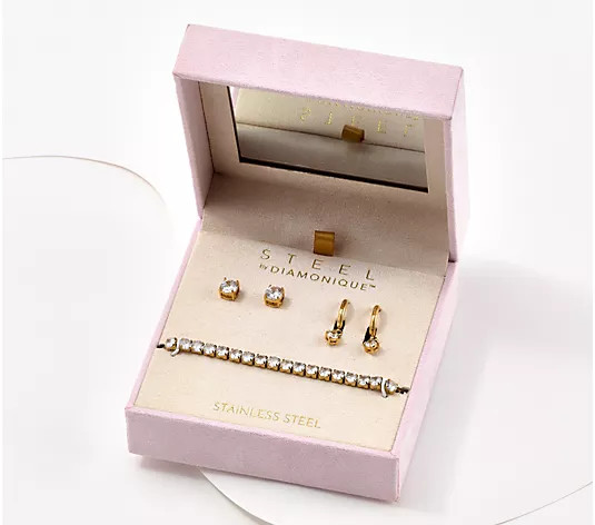 Make Your Selection: Steel by Diamonique 3-Piece Earrings & Bracelet Set | QVC