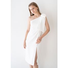 Bow Strap Oblique Slit Shift Dress in White | Chicwish