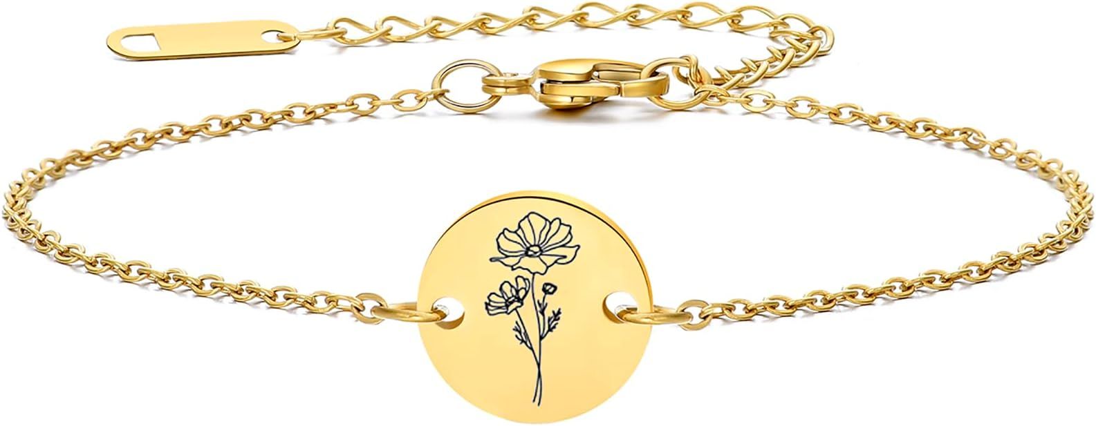 Birth Flower Bracelet 18k Gold Engraved Custom Floral Pendant Bracelets Dainty Stainless Steel Bi... | Amazon (US)