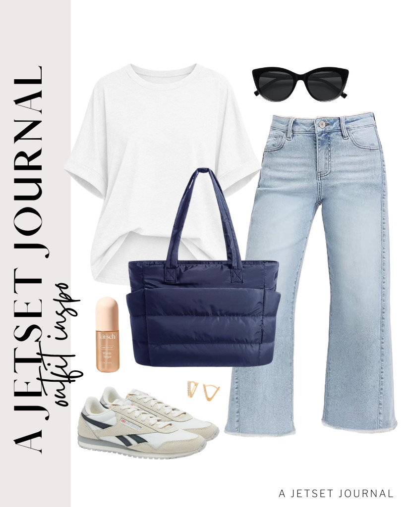 Let’s go with a white oversized T-shirt and wide-leg jeans combo for our next outfit. You can add a BAGSMART tote bag and PAVOI V-shaped huggie earrings for this look, then finish it with Kitsch hair perfume.

#LTKSeasonal #LTKSaleAlert #LTKTravel
 

 
