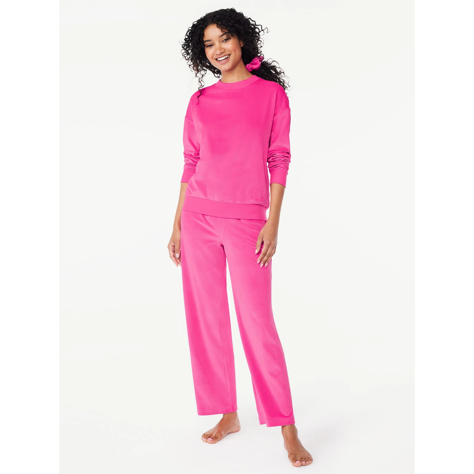 Joyspun Women's Ribbed Velour Top and Pants Pajama Set with Oversized Scrunchie, 3-Piece, Sizes S... | Walmart (US)