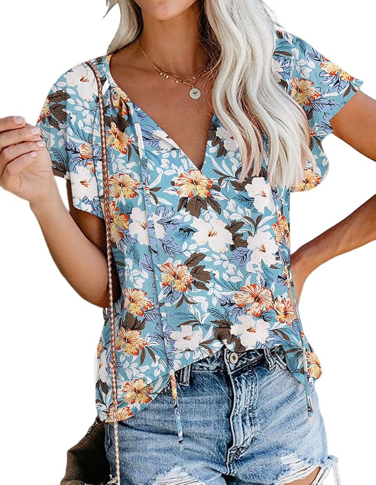 SimpleFun Women's Boho Tops Floral V Neck Short Sleeve Summer Blouse Shirts | Amazon (US)