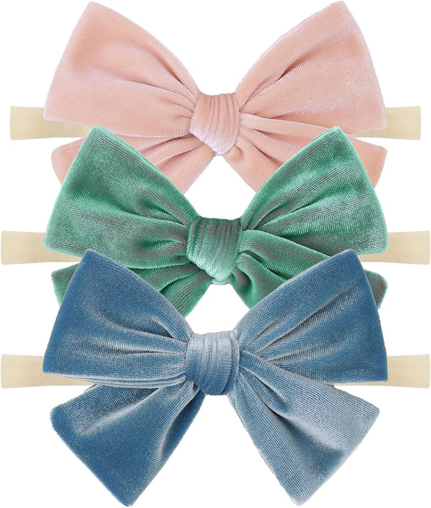 ONENINEDREAM 4'' Baby Velvet Gloss Bows Handmade Headbands Tied Bow Elastic Nylon Hair Accessorie... | Amazon (US)