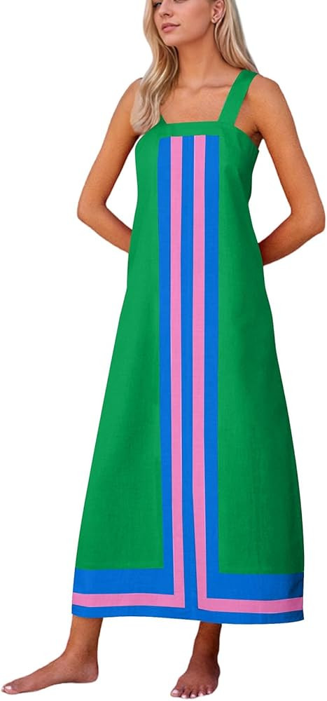 Color Block Maxi Dress for Women Summer Striped Square Neck Backless Long Dress Casual Flowy Vaca... | Amazon (US)