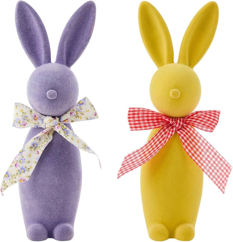 Flocked Bunny Figurine with Bowtie Flocking Rabbit Figures Tabletop Ornament Solid Color Resin Ea... | Amazon (US)