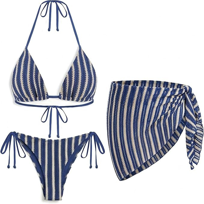 Women's 3 Piece Sexy Triangle Crochet Bikini Set - Halter Tie Side Swimsuit with Cover Up for Bea... | Amazon (US)