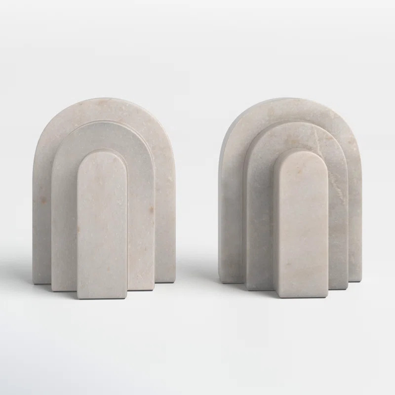 Joss & Main Set of 2 Bookends Contemporary Layered Arches 6" White Marble Bookends for Decorative... | Wayfair North America